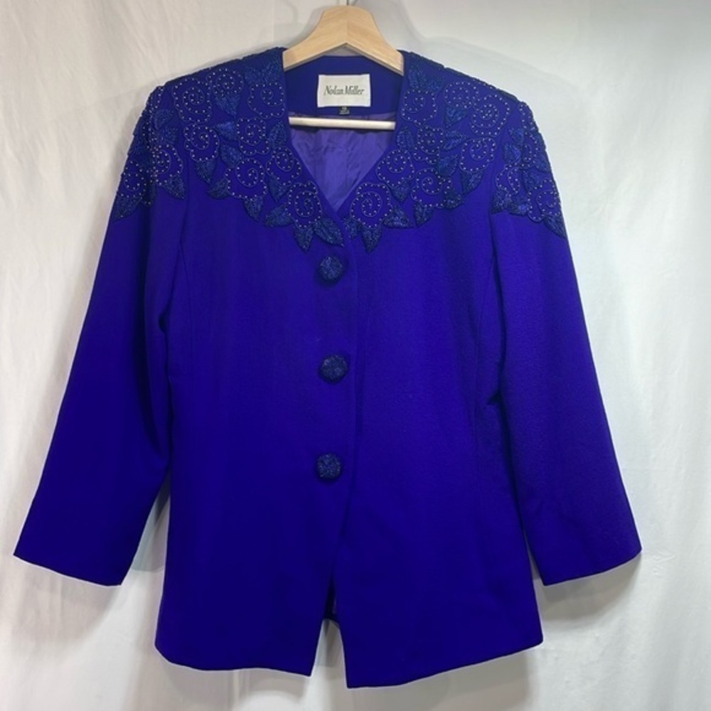 🪸 vintage Nolan Miller blue purple wool blazer with beaded flowers